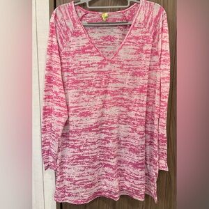 Free Society Womens Long Sleeve V Neck Pink /white Tee Size 1X